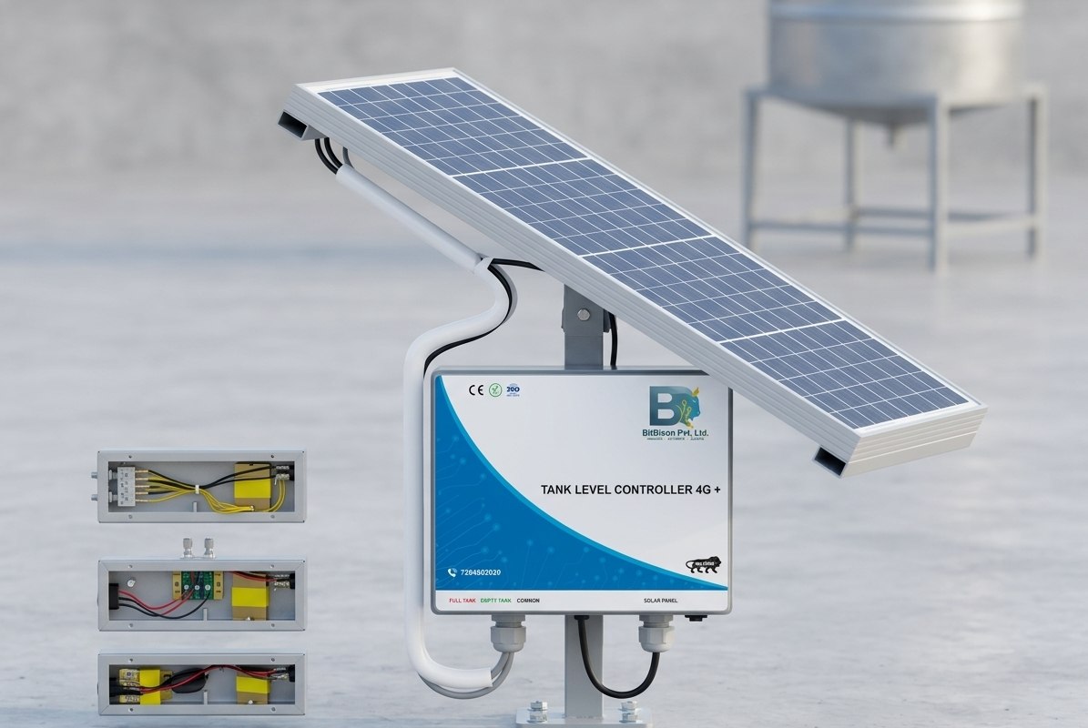 Solar-powered tank level controller with ultrasonic sensor connections
